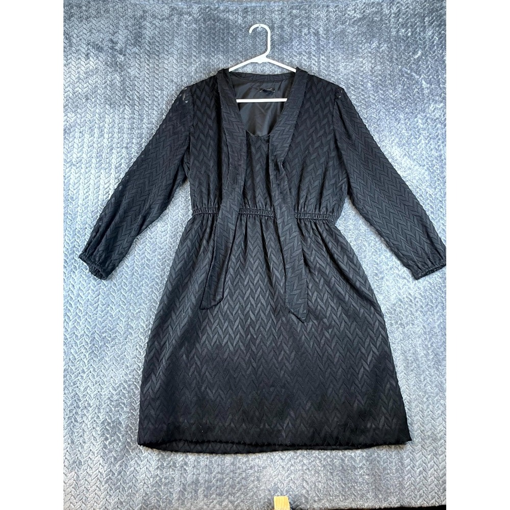 Ann Taylor A-Line Mini Dress Womens Medium Petite Black Necktie Long Sleeve